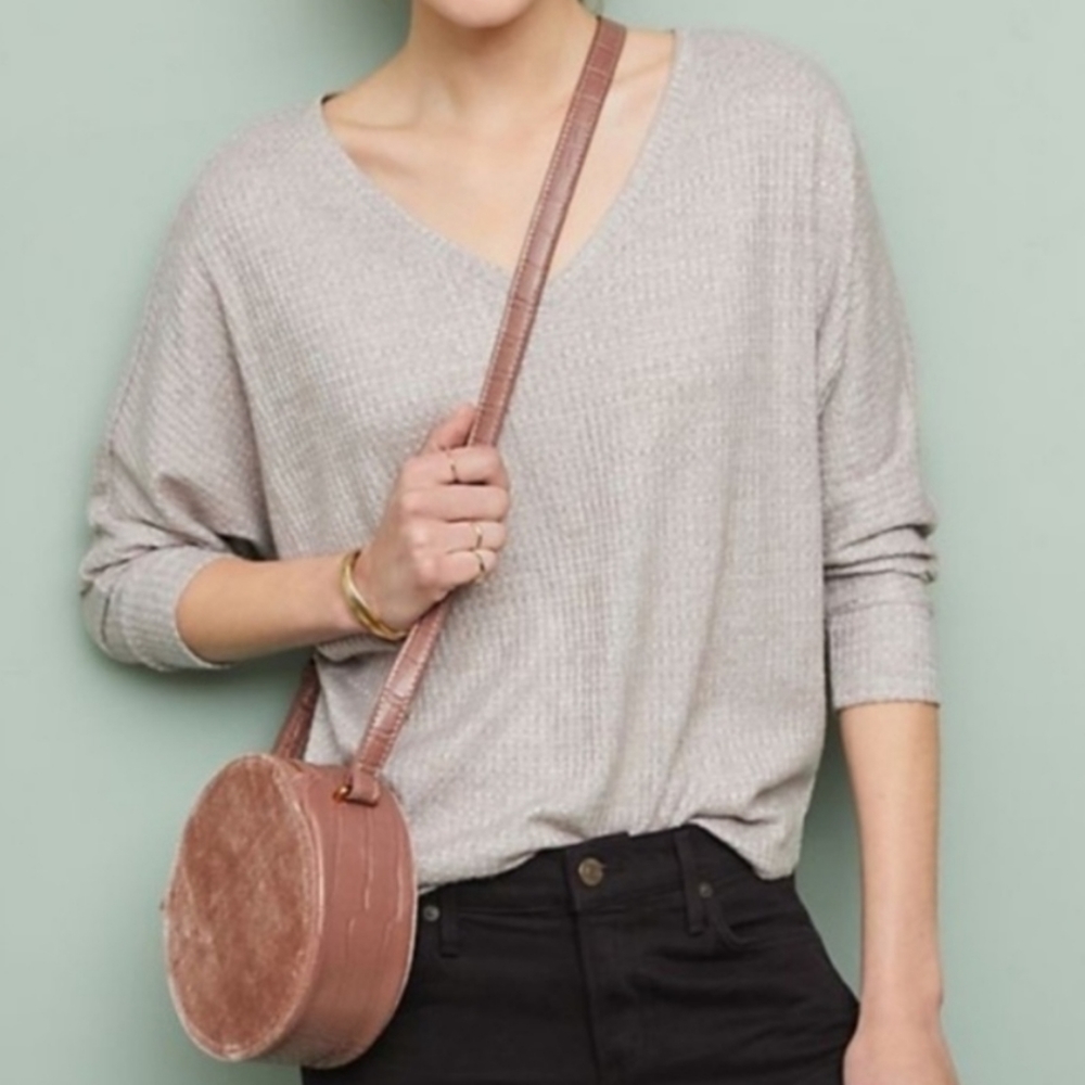ANTHROPOLOGIE Classic Cloud V Neck Fleece Waffle Weave Dolman Sleeve Tau…lpe XXS